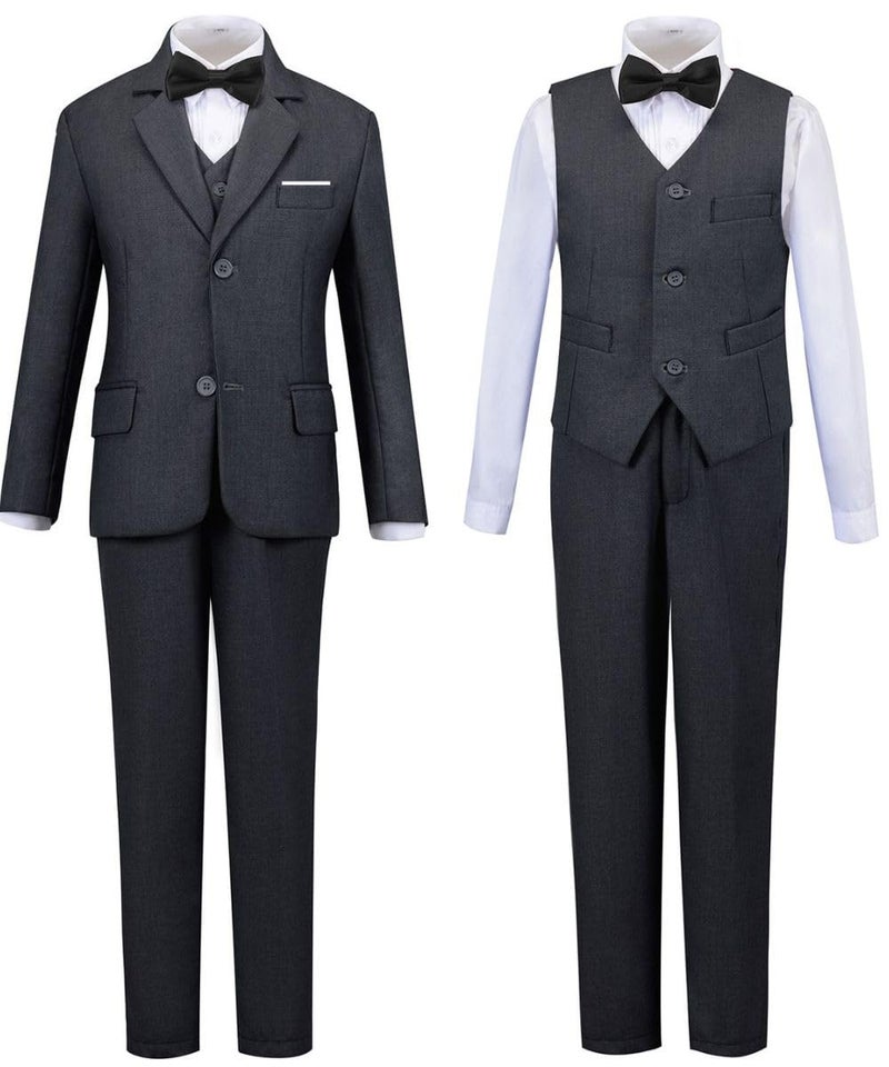 Addneo Suits for Boys,Slim Fit Suit Set Tuxedo 5 Pieces Little Boy Dark Gray Suit Size 2T - Image 2